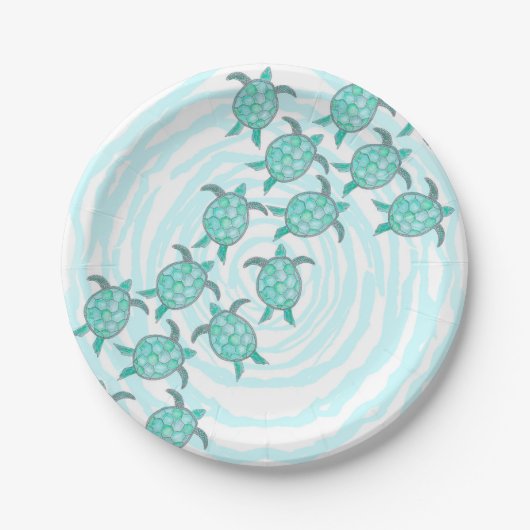 渦巻形のの水彩画のティール(緑がかった色)のウミガメは縞で飾ります ペーパープレート (正面)