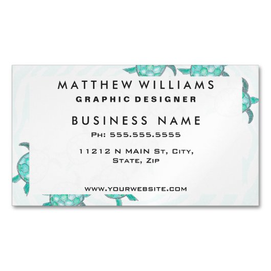 渦巻形のの水彩画のティール（緑がかった色）のウミガメは縞で飾ります マグネット名刺 (正面)