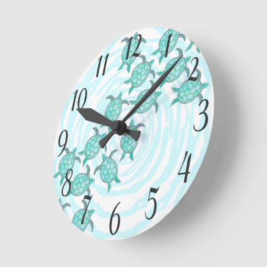 渦巻形のの水彩画のティール(緑がかった色)のウミガメは縞で飾ります ラウンド壁時計 (傾斜)