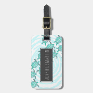 渦巻形のの水彩画のティール（緑がかった色）のウミガメは縞で飾ります ラゲッジタグ