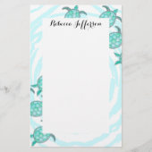 渦巻形のの水彩画のティール(緑がかった色)のウミガメは縞で飾ります 便箋 (正面)