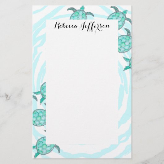 渦巻形のの水彩画のティール(緑がかった色)のウミガメは縞で飾ります 便箋 (正面)