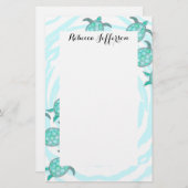 渦巻形のの水彩画のティール(緑がかった色)のウミガメは縞で飾ります 便箋 (正面/裏面)