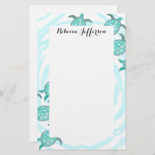 渦巻形のの水彩画のティール(緑がかった色)のウミガメは縞で飾ります 便箋 (正面/裏面)