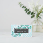 渦巻形のの水彩画のティール(緑がかった色)のウミガメは縞で飾ります 名刺 (スタンド正面)