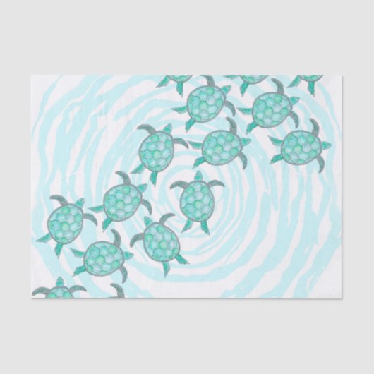 渦巻形のの水彩画のティール（緑がかった色）のウミガメは縞で飾ります 薄葉紙 (正面)