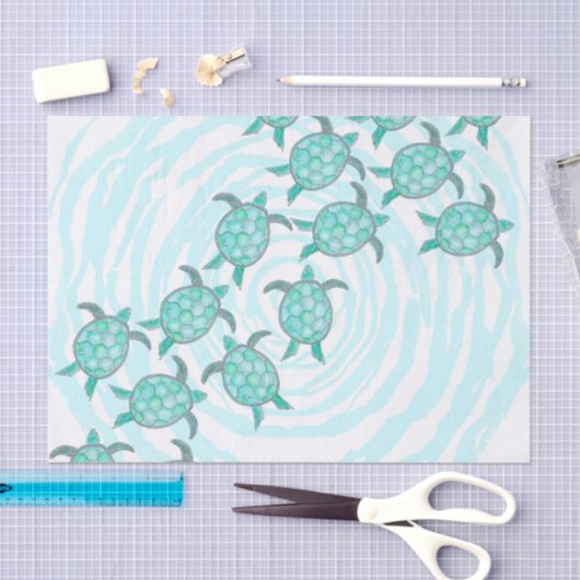 渦巻形のの水彩画のティール（緑がかった色）のウミガメは縞で飾ります 薄葉紙 (クラフト)