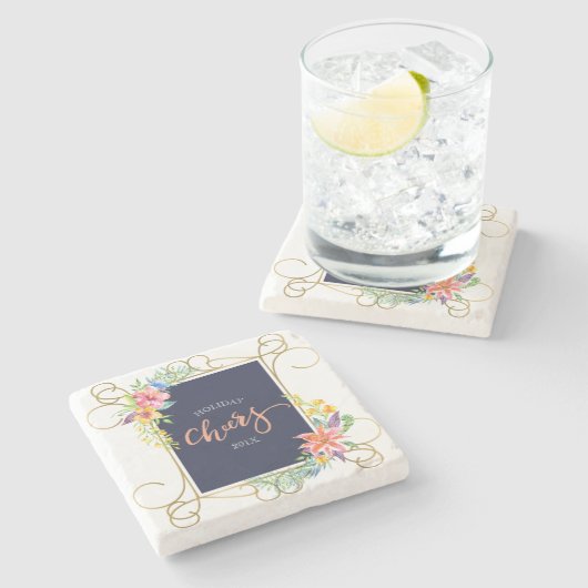 渦巻形の金ゴールドフレーム&トロピカルフラワーズリース ストーンコースター (横)