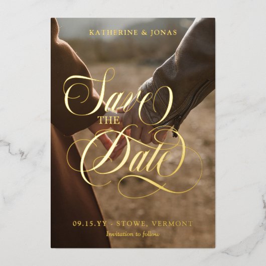 渦巻形の金ゴールド書道写真の保存日付 箔招待状 (正面)