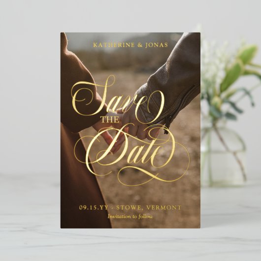 渦巻形の金ゴールド書道写真の保存日付 箔招待状 (立ち正面)