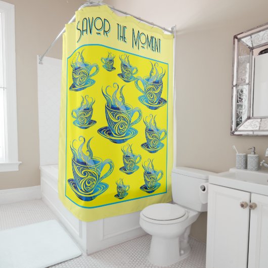 渦巻芸術的き模様の青コーヒーカップ シャワーカーテン (インサイチュ)