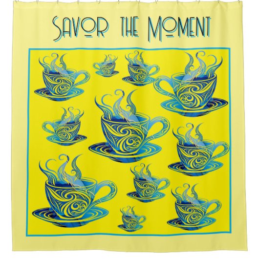 渦巻芸術的き模様の青コーヒーカップ シャワーカーテン (正面)