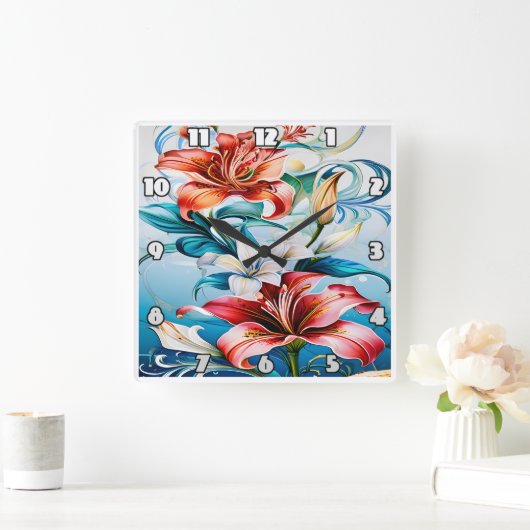 渦巻鮮やかきに囲まれた開花の花 スクエア壁時計 (ホーム)