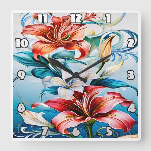 渦巻鮮やかきに囲まれた開花の花 スクエア壁時計 (正面)