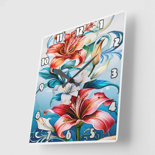 渦巻鮮やかきに囲まれた開花の花 スクエア壁時計 (傾斜)