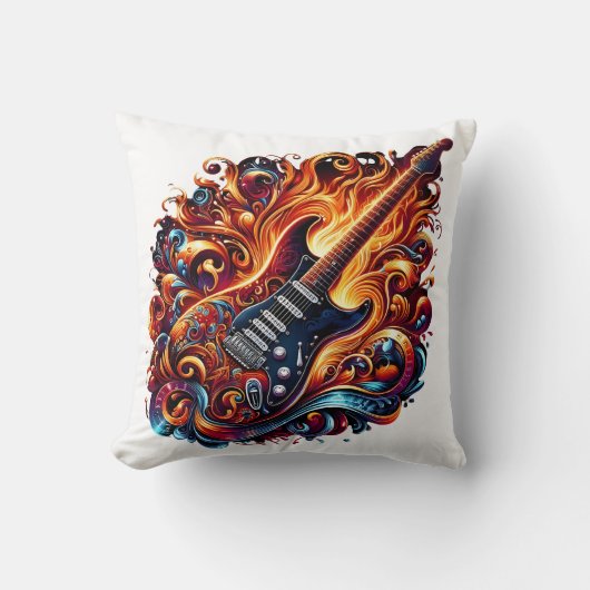 渦巻鮮やかく炎に囲まれたギター クッション (正面)