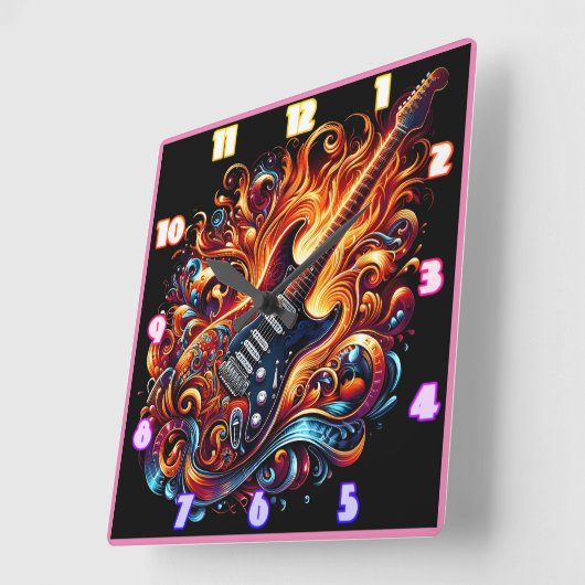 渦巻鮮やかく炎に囲まれたギター スクエア壁時計 (傾斜)