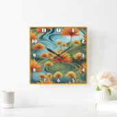 渦巻鮮やかく青の中にオレンジ色の花 スクエア壁時計 (ホーム)