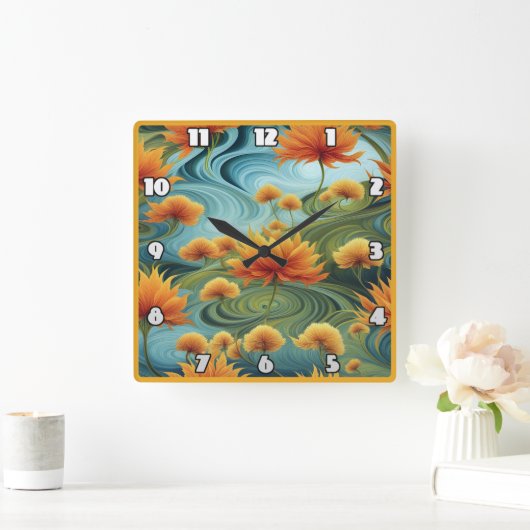 渦巻鮮やかく青の中にオレンジ色の花 スクエア壁時計 (ホーム)