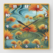 渦巻鮮やかく青の中にオレンジ色の花 スクエア壁時計 (正面)