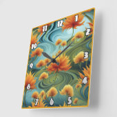 渦巻鮮やかく青の中にオレンジ色の花 スクエア壁時計 (傾斜)