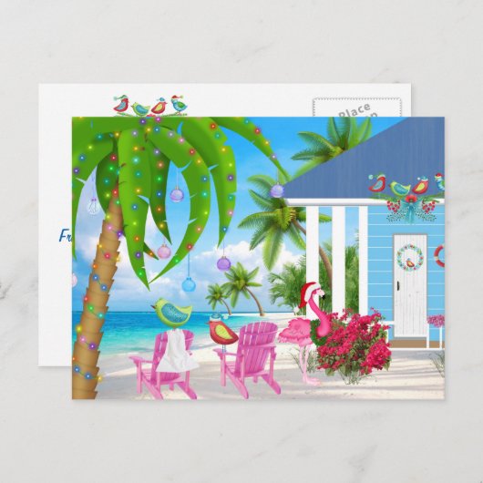 温かいウィッシュズバード&ビーチハウスクリスマス シーズンポストカード (正面/裏面)