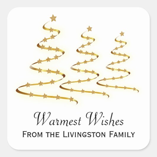 温かいウィッシュ金ゴールドリボンクリスマスツリー スクエアシール (正面)