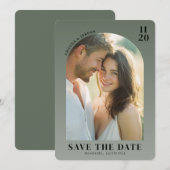 温かいオリーブグリーンのエレガントな写真 セーブザデート (正面/裏面)