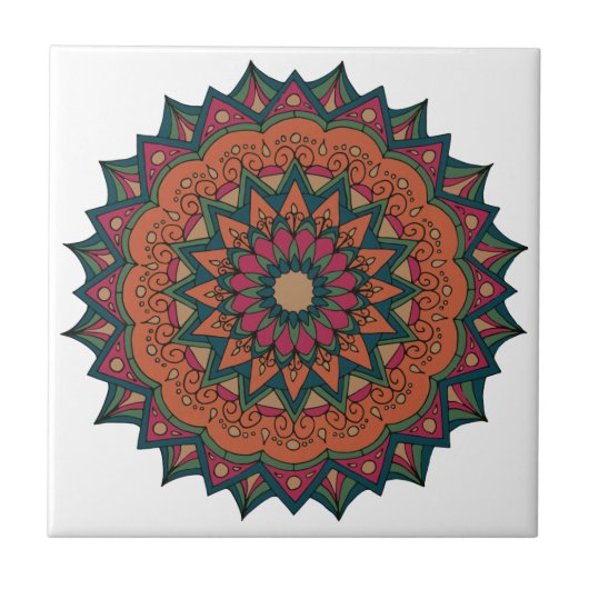 温かいオレンジと赤の曼荼羅 タイル (正面)