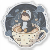 温かいカップと一緒に本を読むペンギン シール (正面)