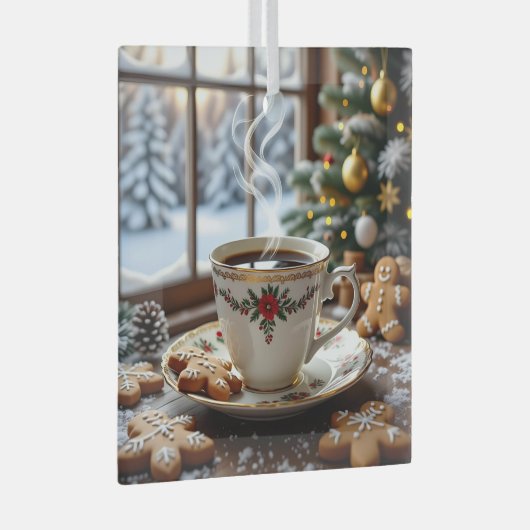 温かいコーヒーとジンジャーブレッドのクッキーのクリスマス ガラスオーナメント (正面右)
