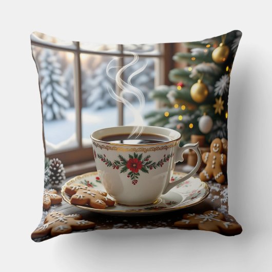 温かいコーヒーとジンジャーブレッドのクッキーのクリスマス クッション (裏面)