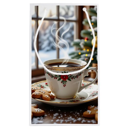 温かいコーヒーとジンジャーブレッドのクッキーのクリスマス スモールペーパーバッグ (裏面)