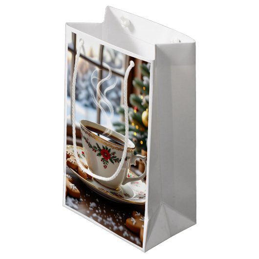 温かいコーヒーとジンジャーブレッドのクッキーのクリスマス スモールペーパーバッグ (正面アングル)
