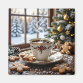 温かいコーヒーとジンジャーブレッドのクッキーのクリスマス マグネット (正面)