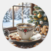 温かいコーヒーとジンジャーブレッドのクッキーのクリスマス ラウンドシール (正面)