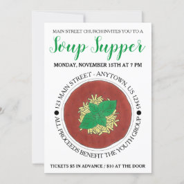 温かいトマトバジルスープのボウル料理の夕食 招待状