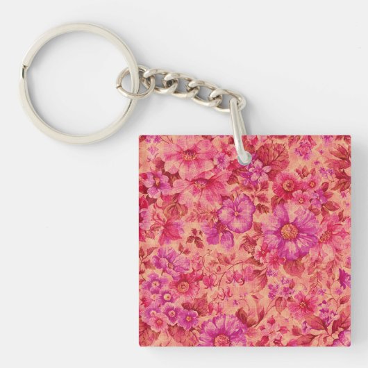 温かいピンクとパープルの様々な開花花 キーホルダー (正面)