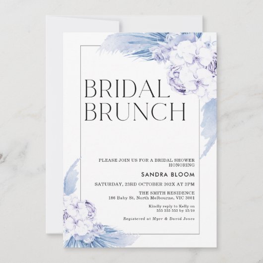 温かいブルーのボーホー パンパス グラス フレーム ブライダル シャワー 招待状 (正面)