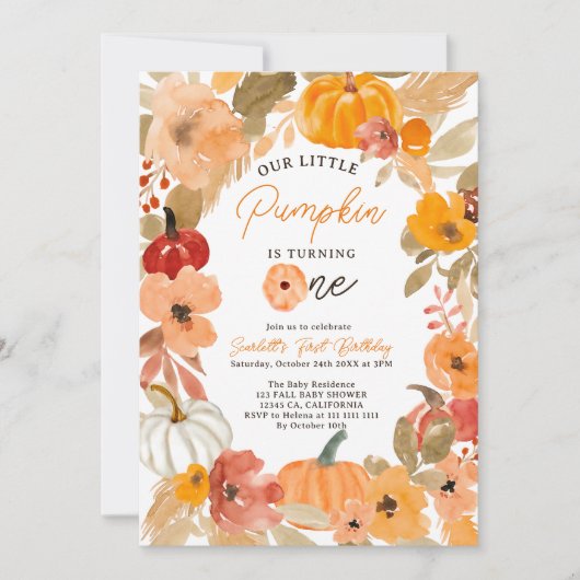 温かいボホ秋リトルカンプキンファースト誕生日パーティー 招待状 (正面)