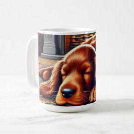 温かい暖炉のそばで眠るアイリッシュセッターの子犬 コーヒーマグカップ