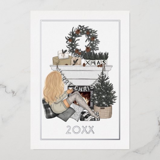 温かい暖炉のクリスマスコラージュ写真 箔シーズンカード (正面)