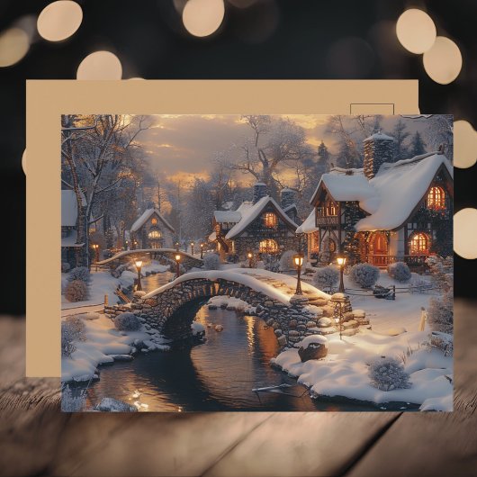 温かい月光の降りる冬の石の家 欧風の村 シーズンポストカード