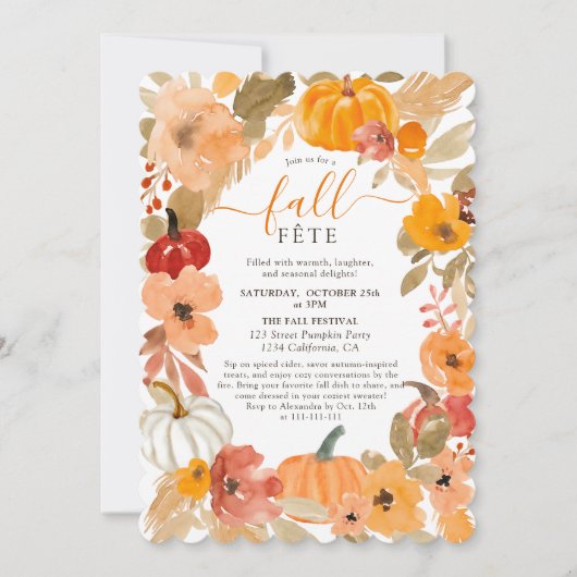 温かい秋の水彩画のパンプキンと花の秋のフェスト 招待状 (正面)