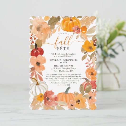 温かい秋の水彩画のパンプキンと花の秋のフェスト 招待状 (スタンド正面)