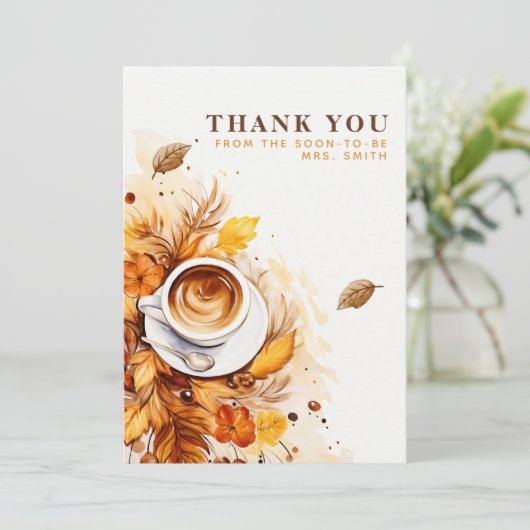 温かい秋の色調が漂う、控えめなウエディング・シャワー・パーティーのための、魅惑的なブライダル・ブラン サンキューカード (スタンド正面)