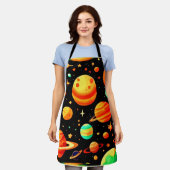 温かい色調の宇宙マンガアート エプロン (着用した状態)