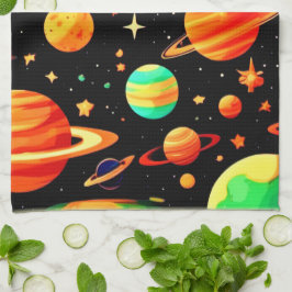 温かい色調の宇宙マンガアート キッチンタオル