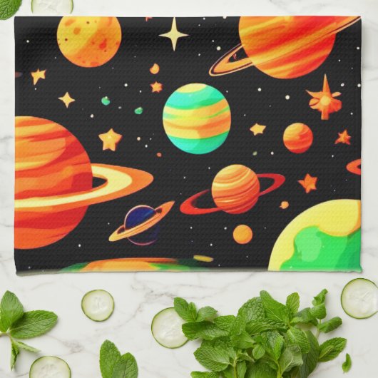 温かい色調の宇宙マンガアート キッチンタオル (折り畳み)