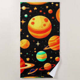温かい色調の宇宙マンガアート ビーチタオル